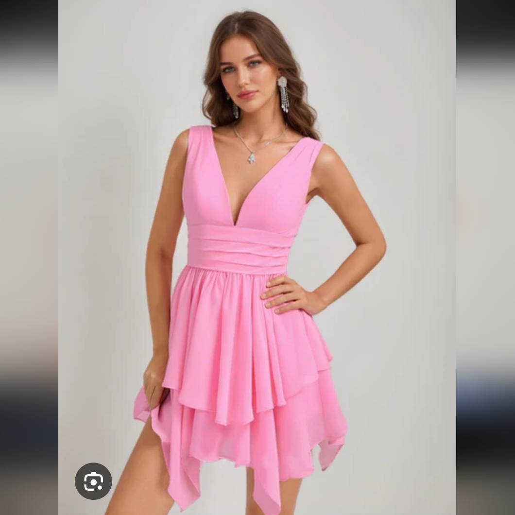 Pink Sleeveless V-Neck Dress Ruffle Flounce M